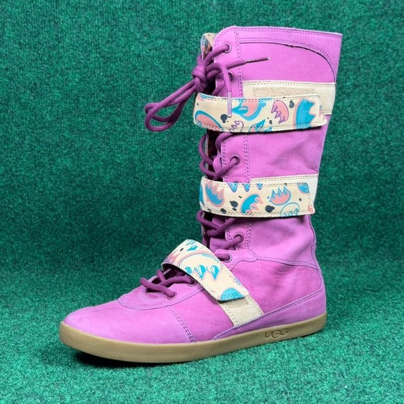 UGG Shoes - UGG Johnna Graffiti Sugar Plum Tall Boots Graphic Straps Women 7 Leather Lace Up